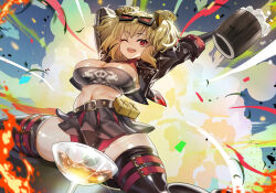 1girl ;d arms_up black_jacket black_skirt black_thighhighs blonde_hair breasts burnice_white convenient_censoring explosion eyewear_on_head highres jacket large_breasts leather leather_jacket long_sleeves looking_at_viewer midriff navel one_eye_closed open_clothes open_jacket open_mouth outdoors red_eyes sitting skirt smile solo teddypocky thighhighs thighs zenless_zone_zero