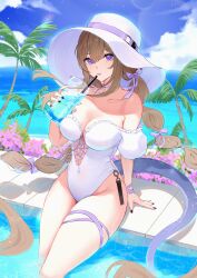 1girl absurdres alternate_costume aoi_tooru arknights black_nails blue_sky blush breasts brown_hair cleavage cloud cloudy_sky collarbone commentary_request cross-laced_clothes cross-laced_one-piece_swimsuit cup day detached_sleeves drinking_glass drinking_straw fingernails hair_between_eyes hat highleg highleg_one-piece_swimsuit highres holding holding_cup horizon indigo_(arknights) large_breasts long_hair looking_at_viewer low_twintails nail_polish ocean one-piece_swimsuit open_mouth palm_tree poolside puffy_sleeves purple_eyes sitting sky solo sun_hat swimsuit tail tree twintails very_long_hair white_hat white_one-piece_swimsuit