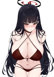 1girl absurdres amai-pai bikini black_choker black_hair blue_archive blush breasts brown_bikini choker cleavage closed_mouth halo highres large_breasts looking_at_viewer navel red_eyes red_halo rio_(blue_archive) simple_background solo swimsuit white_background