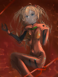 1girl artist_request blue_eyes bodysuit breasts brown_hair highres lance lance_of_longinus_(evangelion) long_hair looking_at_viewer lying neon_genesis_evangelion on_back polearm red_background red_bodysuit shiny_clothes skin_tight souryuu_asuka_langley weapon wide_hips