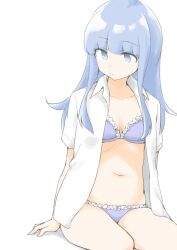 Rule 34 | 1girl, akara kai, blue bra, blue eyes, blue hair, blue panties, blush, bra, breasts, collarbone, hatsukaze (kancolle), highres, kantai collection, long hair, looking at viewer, open clothes, open shirt, panties, sitting, small breasts, smile, solo, underwear, white background