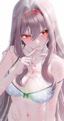1girl bare_shoulders bikini breasts brown_hair cleavage collarbone goddess_of_victory:_nikke hairband highres large_breasts long_hair meraring navel parted_lips red_eyes red_hairband scarlet_(black_shadow)_(nikke) scarlet_(nikke) simple_background solo stomach swimsuit upper_body very_long_hair wet white_background white_bikini