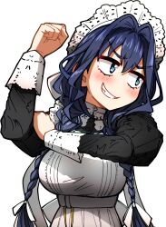 1girl blue_eyes blue_hair blush braid breasts clenched_hand commentary ddolbang english_commentary grin hair_between_eyes hair_intakes hair_over_shoulder hand_on_own_arm highres hololive hololive_english large_breasts long_hair long_sleeves looking_to_the_side maid_headdress official_alternate_costume ouro_kronii ouro_kronii_(maid) simple_background smile solo teeth twin_braids upper_body virtual_youtuber white_background