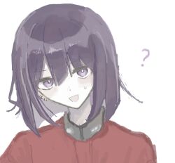 Rule 34 | 1boy, blush, hair between eyes, looking at viewer, male focus, matching hair/eyes, open mouth, purple eyes, purple hair, simple background, smile, solo, sweat, sweatdrop, the hundred line -last defense academy-, tsukumo ima, upper body, white background