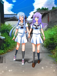 2girls :d ^_^ ascot black_ascot black_socks blue_eyes blue_hair blue_pupils blue_sky blunt_bangs blush braid brown_shoes closed_eyes cloud commentary commentary_request crossed_bangs crown_braid day english_commentary floating_hair full_body gomasho_asuka grey_shoes hair_between_eyes happy highres holding_hands interlocked_fingers kneehighs loafers long_hair looking_at_another miniskirt mixed-language_commentary multiple_girls open_mouth outdoors photo_background puffy_short_sleeves puffy_sleeves purple_hair ribbon road sailor_collar school_uniform serafuku shirt shoes short_sleeves siblings side-by-side sidelocks sisters skirt sky smile sneakers socks sorakado_ai sorakado_ao standing summer_pockets summer_pockets_school_uniform twins very_long_hair white_ribbon white_sailor_collar white_serafuku white_shirt white_skirt