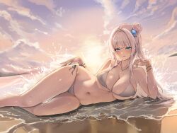 1girl :p absurdres bare_shoulders beach bikini blue_eyes blue_nails blush bracelet breasts cleavage cloud collarbone commentary commission curvy fankey feet_out_of_frame hair_bun hair_ornament hand_up highres jewelry large_breasts long_hair looking_at_viewer lying nail_polish navel necklace ocean on_ground on_side original side-tie_bikini_bottom sidelocks single_side_bun sky solo splashing stomach sunlight sunset swimsuit thighs tongue tongue_out very_long_hair wet white_bikini white_hair