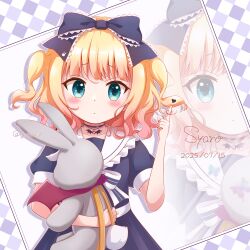 1girl argyle_background black_bow black_dress blonde_hair blue_eyes blush bow character_doll character_name child closed_mouth commentary_request dated doll dress frilled_sailor_collar frills gochuumon_wa_usagi_desu_ka? goth_risuto hair_bow heart highres kirima_syaro looking_at_viewer puffy_short_sleeves puffy_sleeves sailor_collar sailor_dress short_sleeves solo stuffed_animal stuffed_rabbit stuffed_toy twirling_hair twitter_username two_side_up white_background white_sailor_collar wild_geese zoom_layer