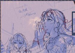 Rule 34 | 2girls, art program in frame, blunt bangs, commentary, eyewear on head, fingerless gloves, gloves, grey background, greyscale, half updo, highres, i my mayday, kachimachi kosuzu, kuzia (atarayo), link! like! love live!, long hair, looking up, love live!, monochrome, multiple girls, murano sayaka, official alternate costume, official alternate hairstyle, open mouth, round eyewear, signature, translation request, twitter username, unfinished, virtual youtuber