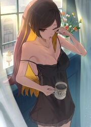 Rule 34 | 1girl, bare shoulders, black chemise, blonde hair, breasts, brown eyes, brown hair, chemise, chiori (genshin impact), coffee, coffee mug, collarbone, colored inner hair, commentary request, cowboy shot, cup, curtains, eyelashes, flower, genshin impact, hand up, holding, holding cup, indoors, looking at viewer, medium breasts, morning, mug, multicolored hair, oiro ik, one eye closed, open mouth, rubbing eyes, sleeveless, solo, strap slip, sunlight, two-tone hair, vase, window