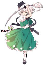 Rule 34 | 1girl, alphes (style), arm up, ascot, black ascot, black hairband, black ribbon, black shoes, bow hairband, closed eyes, closed mouth, commentary request, dairi, facing viewer, flower, frilled skirt, frills, full body, green skirt, green vest, hair ribbon, hairband, hitodama print, holding, holding sheath, holding sword, holding weapon, katana, konpaku youmu, large variant set, long skirt, mary janes, parody, print skirt, puffy short sleeves, puffy sleeves, ribbon, scabbard, sheath, sheathed, shirt, shoes, short hair, short sleeves, simple background, skirt, socks, solo, standing, style parody, sword, tachi-e, touhou, transparent background, variant set, vest, weapon, white hair, white shirt, white socks
