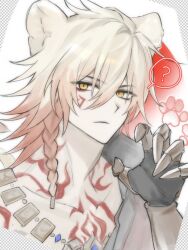 1boy ? animal_ears black_coat blonde_hair braid chest_tattoo claw_pose clawed_gauntlets coat commentary dkdk2 dog_boy dog_ears facial_tattoo gold_necklace gradient_hair hair_between_eyes highres honkai:_star_rail honkai_(series) jewelry looking_at_viewer male_focus medium_hair multicolored_hair mydei_(honkai:_star_rail) necklace open_clothes open_coat red_hair red_tattoo side_braid solo spoken_question_mark tattoo yellow_eyes