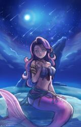 1girl aqua_eyes aqua_sash armlet bra cloud commentary_request curly_hair dragon_quest dragon_quest_xi full_moon gold_armlet janis_(hainegom) jewelry long_hair looking_at_viewer mermaid midriff monster_girl moon necklace night night_sky pink_hair pink_scales rock romia_(dq11) shooting_star sitting sketch sky smile solo star_(sky) strapless strapless_bra tassel underwear unfinished white_bra