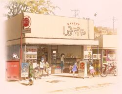 3girls 4boys animal awning bag baguette bakery bicycle black_hair blue_dress blue_skirt bread building candy cat child city commentary_request damachitanu doraemon doraemon_(character) dress fanny_pack food freezer gashapon handbag highres holding kirin_(company) multiple_boys multiple_girls original outdoors payphone phone pink_skirt power_lines railroad_signal sandals scenery shirt shoes shop short_hair short_sleeves shorts sign skirt socks solid_circle_eyes squatting striped_clothes striped_shirt train vending_machine white_shorts wide_shot