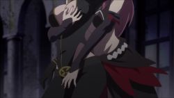 2girls animated breast_press breasts cloud couple flower grabbing_another&#039;s_breast groping hair_ornament hand_on_own_hip hasumi_rain highres huge_breasts jewelry kaneko_hiraku lady_j large_breasts leather lipstick long_hair makeup multicolored_hair multiple_girls nail_polish necklace purple_hair screencap spandex underboob valkyrie_drive valkyrie_drive_-mermaid- yuri