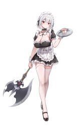 1girl absurdres apron black_dress blush breasts cleavage closed_mouth collarbone_tattoo commentary crossed_legs cup dot_nose dress frilled_apron frilled_sleeves frills full_body grey_hair hair_between_eyes hair_intakes highres holding holding_tray large_breasts looking_at_viewer maid maid_apron maid_headdress original pingpangpongpang puffy_short_sleeves puffy_sleeves red_eyes short_hair short_sleeves simple_background solo standing symbol-only_commentary teacup thighhighs thighs tray waist_apron white_apron white_background white_headdress white_thighhighs zettai_ryouiki