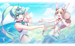 2girls animal_ears breasts chest_jewel facial_mark green_eyes green_hair hey_cre large_breasts long_hair low_twintails multiple_girls nia_(blade)_(xenoblade) nia_(xenoblade) pneuma_(xenoblade) ponytail silver_hair spoilers swept_bangs swimsuit twintails very_long_hair xenoblade_chronicles_(series) xenoblade_chronicles_2 yellow_eyes