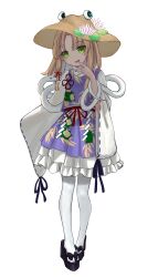 16sanrach 1girl absurdres animal_print black_sandals blonde_hair brown_hat chinese_commentary commentary_request embellished_costume flower frilled_skirt frills frog_print full_body green_eyes hair_ribbon hat hat_flower highres long_hair long_sleeves looking_at_viewer mishaguji moriya_suwako open_mouth pantyhose platform_sandals purple_skirt purple_vest red_ribbon ribbon ribbon-trimmed_sleeves ribbon_trim sandals simple_background skirt skirt_set smile snake solo touhou tress_ribbon vest white_background white_pantyhose white_snake wide_sleeves