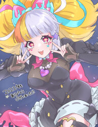 1girl blonde_hair blue_hair breasts grey_hair heart heart-shaped_pupils highres jack_the_ripper_(monster_strike) monster_strike multicolored_hair symbol-shaped_pupils