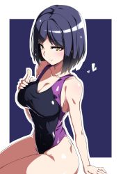 1girl blue_hair breasts cleavage collarbone competition_swimsuit female_focus heart highres kaname_nagi large_breasts looking_at_viewer nijisanji one-piece_swimsuit outline outside_border shizuka_rin short_hair sitting smile solo swimsuit virtual_youtuber white_outline yellow_eyes
