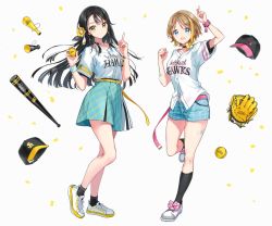 2girls aritaka_hina asymmetrical_hair ball bandaid bandaid_on_arm bandaid_on_leg baseball baseball_(object) baseball_bat baseball_cap baseball_glove baseball_uniform belt black_choker black_hair black_headwear black_legwear black_shirt blonde_hair blue_eyes blue_shorts blue_skirt blush bow braid breasts choker closed_mouth commentary confetti earrings floating_hair flower fukuoka_softbank_hawks full_body hair_flower hair_ornament hairclip hat highres holding holding_ball index_finger_raised jewelry light_brown_hair long_hair looking_at_viewer medium_breasts megaphone midriff_peek miniskirt multicolored_hair multiple_girls nippon_professional_baseball official_art open_mouth parted_bangs pink_belt pink_bow plaid_clothes plaid_shorts plaid_skirt polka_dot polka_dot_bow shirt shirt_tucked_in shoes short_hair short_shorts short_sleeves shorts simple_background skirt smile sneakers socks sportswear standing standing_on_one_leg straight_hair streaked_hair sweatband takamine_umi tiv two-tone_hair undershirt untucked_shirt v virtual_youtuber white_background white_footwear white_shirt wristband yellow_belt yellow_bow yellow_eyes