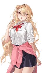 1girl amano_ai_(sabotensuteeki) arm_at_side black_skirt blonde_hair bow breasts clothes_around_waist cowboy_shot eyes_visible_through_hair eyeshadow fingernails grey_eyes gyaru hair_ornament hair_over_one_eye hairclip heart heart_in_eye highres jacket jacket_around_waist kogal light_blush lip_piercing long_fingernails long_hair looking_at_viewer makeup medium_breasts nail_polish one_side_up original piercing pink_jacket pink_nails pleated_skirt red_bow sabotensuteeki shirt shirt_tucked_in simple_background single_hair_intake skirt sleeves_rolled_up solo symbol_in_eye three_quarter_view twirling_hair very_long_hair white_background white_shirt