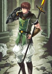1boy arm_armor armor asymmetrical_sleeves belt belt_buckle black_(artist) black_belt boots bracer brown_boots brown_eyes brown_facial_hair brown_hair buckle closed_mouth durindana_(fate) elbow_gloves facial_hair fate/grand_order fate_(series) feet_out_of_frame gloves goatee green_tunic grey_gloves hair_between_eyes hand_on_own_hip hand_up hector_(fate) long_hair looking_at_viewer low_ponytail male_focus official_art pants polearm ponytail short_sleeves single_bracer single_glove sleeveless smile solo standing third-party_source toned toned_male tunic uneven_sleeves variant_set weapon white_pants