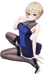 1girl absurdres bare_arms bare_shoulders black_shoes black_thighhighs blonde_hair blue_dress blue_nails blush closed_mouth covered_navel dress finger_to_cheek grey_eyes hair_between_eyes high_heels highres idolmaster idolmaster_cinderella_girls looking_at_viewer shiomi_syuko shoes short_hair sidelocks sitting sleeveless sleeveless_dress smile solo thighhighs wariza xnnagu