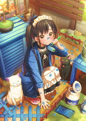 1girl aiuabo animal black_hair bonsai cat fence highres holding long_hair maid maid_headdress original outdoors paint paint_on_body paint_roller paw_print smile squatting twintails watering_can