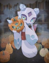 Rule 34 | artist name, blue eyes, colored eyelashes, colored sclera, commentary, dark, eyelashes, fence, floating, fog, food, froslass, full body, gen 3 pokemon, gen 4 pokemon, glalie, halloween, highres, horns, ice, jack-o&#039;-lantern, looking at viewer, night, nintendo, no humans, outdoors, pitari, pokemon, pokemon (creature), pumpkin, solo, squash, symbol-only commentary, twitter username, vegetable, white eyelashes, wooden fence, yellow sclera