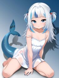 1girl bare_shoulders blue_eyes blue_nails dress fins fish_girl fish_tail furfik gawr_gura gradient_background hair_ornament hololive hololive_english kneeling leaning_to_the_side looking_at_viewer multicolored_hair navel see-through_clothes see-through_dress shark_girl shark_hair_ornament shark_tail short_hair simple_background sleepwear sleeveless sleeveless_dress strap_slip streaked_hair tail thighs twintails two-tone_hair very_short_hair white_dress white_hair