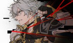 1boy antenna_hair armor black_choker black_gloves black_shirt blue_eyes choker coat commentary fingerless_gloves gloves highres honkai:_star_rail honkai_(series) male_focus neck_tattoo oshoyu_(aree9) pauldrons phainon_(honkai:_star_rail) restrained shirt short_hair shoulder_armor single_glove single_pauldron solo sun_symbol sun_tattoo tan tattoo tears white_coat white_hair