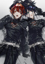 2boys absurdres ace_trappola aqua_eyes belt black_collar black_gloves black_hat black_pants black_shirt blue_hair collar commentary_request cowboy_shot deuce_spade eyeshadow facial_tattoo fangs frilled_shirt frilled_sleeves frilled_wrist_cuffs frills gloves gradient_background grey_background hair_between_eyes halloween hand_on_own_chest hat hat_ornament heart heart_print highres makeup male_focus multiple_boys nana_tetra open_mouth pants red_eyes red_hair see-through_clothes see-through_veil shirt short_hair tattoo teeth twisted_wonderland upper_teeth_only veil white_background white_belt wrist_cuffs