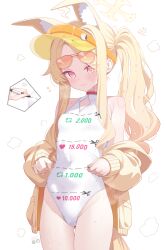 1girl animal_ears blonde_hair blue_archive blush breasts cross_halo deyui diamond_cutout extra_ears floppy_ears fox_ears fox_girl halo highres jacket loli long_hair long_sleeves off_shoulder official_alternate_costume official_alternate_hairstyle one-piece_swimsuit open_mouth orange-tinted_eyewear seia_(blue_archive) seia_(swimsuit)_(blue_archive) side_ponytail small_breasts sunglasses sweatdrop swimsuit thighs tinted_eyewear very_long_hair visor_cap wet white_background white_one-piece_swimsuit yellow_halo yellow_jacket yellow_visor