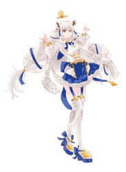 1girl absurdres ahoge animal_ear_fluff animal_ears blue_skirt boots braid breasts commentary_request corset dips double_fox_shadow_puppet earrings floating_crown fox_ears fox_girl fox_shadow_puppet green_eyes hair_between_eyes highres hololive jewelry long_hair looking_at_viewer medium_breasts shirakami_fubuki shirakami_fubuki_(saint) shirt sidelocks simple_background single_braid skirt smile solo thigh_boots thigh_strap twin_braids virtual_youtuber white_background white_hair white_shirt