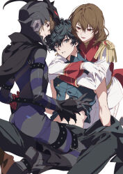 Rule 34 | 3boys, akechi gorou, amamiya ren, arm strap, ass, belt, black belt, black bodysuit, black boots, black cape, black eyes, black gloves, black hair, black helmet, black jacket, black mask (persona 5), black pants, black shirt, blush, bodysuit, boots, boy sandwich, brown hair, cape, clothes down, clothes lift, crow (persona 5), doran (doran7280), dual persona, epaulettes, gloves, hair between eyes, hand on another&#039;s hip, hand on another&#039;s waist, helmet, highres, hug, hug from behind, jacket, jacket partially removed, joker (persona 5), lifting another&#039;s clothes, long sleeves, looking at another, looking at viewer, male focus, mask, medium hair, midriff, multiple boys, open mouth, pants, parted lips, persona, persona 5, red cape, red eyes, red gloves, sandwiched, shirt, shirt lift, short hair, simple background, sitting, sitting on lap, sitting on person, sleeveless, sleeveless shirt, smile, spread legs, straddling, striped bodysuit, thigh strap, white background, white gloves, white jacket, white pants, yaoi