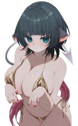 1girl animal_ears armpit_crease bare_arms bare_shoulders bikini black_hair blunt_bangs blurry breasts cleavage closed_mouth collarbone cowboy_shot depth_of_field from_above gold_bikini green_eyes groin hands_up highres jane_doe_(zenless_zone_zero) julie_(rolleybun) large_breasts light_blush long_hair long_tail looking_at_viewer micro_bikini mouse_ears mouse_girl mouse_tail multicolored_hair navel red_hair red_nails sharp_tail side-tie_bikini_bottom sidelocks simple_background smile solo string_bikini swimsuit tail twitter_username white_background zenless_zone_zero