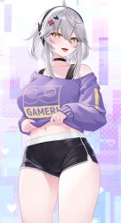 1girl ahoge black_choker black_shorts blush breasts choker d-pad d-pad_hair_ornament grey_hair hair_ornament highres large_breasts looking_at_viewer navel noctelle open_mouth power_symbol-shaped_pupils purple_shirt shirt short_hair short_shorts shorts sidelocks smile solo symbol-shaped_pupils virtual_youtuber vshojo yellow_eyes zentreya zentreya_(cyborg) zentreya_(mmo_zen)