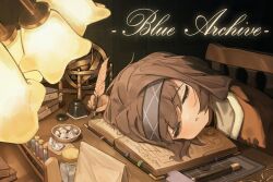 1girl absurdres bags_under_eyes blue_archive blush book brown_hair brown_jacket closed_eyes desk_lamp hair_between_eyes hairband highres hmj0128 holding holding_quill inkwell jacket lamp long_hair on_chair open_mouth purple_hairband quill shaded_face shirt sidelocks sleeping sleeping_on_desk ui_(blue_archive) white_shirt