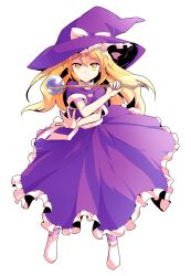 1girl blonde_hair bobby_socks bow closed_mouth dairi double-parted_bangs dress dress_ribbon expressionless floating_clothes floating_hair frilled_dress frilled_hat frills full_body hat hat_bow highres holding holding_wand kirisame_marisa kirisame_marisa_(pc-98) large_variant_set legs_apart long_hair looking_at_viewer no_shoes orb outstretched_arm palms purple_dress purple_hat ribbon scepter short_sleeves simple_background socks solo standing straight-on straight_hair sweatdrop tachi-e touhou touhou_(pc-98) transparent_background variant_set wand white_bow white_ribbon white_socks witch_hat yellow_eyes