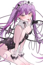 1girl :p alternate_costume black_leotard blush breasts cleavage demon_girl demon_horns demon_tail demon_wings detached_collar ear_piercing frills green_eyes hair_ornament hairclip highres hololive horns leaning_forward leotard long_hair looking_at_viewer medium_breasts multicolored_hair piercing pink_hair purple_hair simple_background solo strapless strapless_leotard streaked_hair tail tail_ornament tail_piercing takeno_omoti tokoyami_towa tongue tongue_out twintails very_long_hair virtual_youtuber white_background wings wrist_cuffs