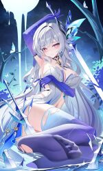 Rule 34 | 1girl, absurdres, arm under breasts, armpits, ass, blush, breasts, chinese commentary, commentary request, dress, feet, genshin impact, gradient thighhighs, highres, holding, holding sword, holding weapon, jndfh, large breasts, large variant set, long hair, looking at viewer, navel, night, night sky, no prosthetic leg, no shoes, parted lips, prosthesis, prosthetic arm, purple thighhighs, sitting, skirk (genshin impact), sky, solo, stomach, sword, thighhighs, variant set, weapon, white dress, white hair, yokozuwari