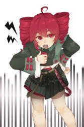 1girl ahoge artist-squared bare_legs buttons double-breasted drill_hair feet_out_of_frame grey_jacket hair_between_eyes highres holding holding_walkie-talkie jacket kasane_teto leaning_forward lightning_bolt_symbol looking_to_the_side midriff_peek open_mouth red_hair red_trim striped_background synthesizer_v teeth twin_drills upper_teeth_only utau vertical-striped_background walkie-talkie