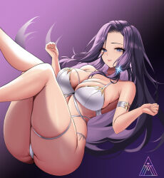 1girl arm_strap artist_logo ass bikini blue_eyes breasts commission eyelashes hair_ornament highres large_breasts linea_alba logo long_hair mad_kimo original parted_lips purple_hair solo swimsuit white_bikini