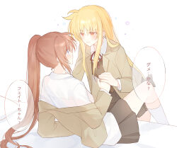 Rule 34 | 2girls, between legs, black skirt, blonde hair, blue eyes, brown hair, brown jacket, collared shirt, commentary, fate testarossa, highres, holding hands, jacket, long hair, looking at another, lyrical nanoha, mahou shoujo lyrical nanoha, multiple girls, neck ribbon, orange eyes, parted lips, pleated skirt, ponytail, red ribbon, ribbon, shirt, shiyoi, simple background, skirt, socks, speech bubble, symbol-only commentary, takamachi nanoha, tears, translation request, white background, white shirt, white socks, yuri