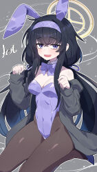 Rule 34 | 1girl, alternate costume, animal ears, bare shoulders, black hair, blue archive, blush, bow, breasts, cleavage, coat, curled fingers, detached collar, fake animal ears, grey background, grey coat, hair tie, hairband, halo, hands up, high heels, highres, leotard, long hair, long sidelocks, looking at viewer, low twintails, matsumoto tomoyohi, medium breasts, nervous sweating, off shoulder, pantyhose, purple bow, purple eyes, purple hairband, purple leotard, purple shoes, rabbit ears, seiza, shoes, sidelocks, sideways glance, sitting, sleeves past wrists, solo, sweat, twintails, ui (blue archive), very long hair, wavy mouth, yellow halo