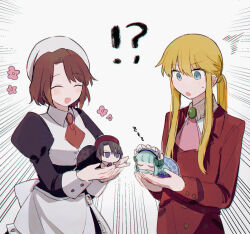 Rule 34 | !?, 2boys, 2girls, ^ ^, androgynous, apron, aqua eyes, ascot, back bow, bakara (19083210), black dress, black hair, blonde hair, blue eyes, bonnet, bow, brooch, buttons, clair vaux bernardus, closed eyes, collared shirt, commentary request, curtained hair, dress, emphasis lines, green bow, green hair, hair between eyes, happy aura, hat, highres, jacket, jewelry, jitome, kanon (umineko), lapels, long hair, long sleeves, maid, multiple boys, multiple girls, notched lapels, open mouth, pink ascot, red ascot, red hat, red jacket, shannon (umineko), shirt, short hair, sidelocks, sleeping, smile, surprised, sweat, tsuchinoko, umineko no naku koro ni, ushiromiya lion, waist apron, white apron, white bow, white shirt, zzz