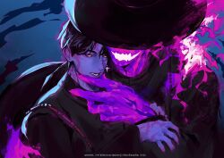 2boys absurdres black_hair black_hanbok blue_background colored_skin demon_boy earrings faceless facial_tattoo fingernails fire fire_body gat_(hat) gatkkeun gwima_(kpop_demon_hunters) hanbok hand_on_another&#039;s_face hand_tattoo hat highres humanization jewelry jinu_(kpop_demon_hunters) korean_clothes korean_traditional_hat kpop_demon_hunters long_fingernails looking_to_the_side lower_teeth_only multiple_boys neck_tattoo open_mouth parted_bangs purple_fire purple_skin rwwis sharp_teeth short_hair slit_pupils tattoo teeth upper_body yellow_eyes