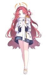1girl ahoge bainiaohuan blue_archive bow braid chinese_commentary commentary_request eyes_visible_through_hair full_body hair_bow halo highres hood hood_down hooded_jacket jacket legs long_hair long_sleeves millennium_science_school_logo multicolored_jacket one_side_up orange_halo parted_lips power_symbol purple_eyes red_hair sandals simple_background single_braid slides solo standing toes very_long_hair white_background white_bow white_jacket white_sandals yellow_jacket yuzu_(blue_archive)