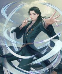 1boy belt brown_belt closed_mouth cloud cloudy_sky coat collared_shirt commentary commentary_request english_commentary feet_out_of_frame fire_emblem fire_emblem:_three_houses floating_hair green_coat green_eyes green_hair green_pants highres linhardt_von_hevring linhardt_von_hevring_(timeskip) long_hair long_sleeves magic male_focus mixed-language_commentary nintendo outstretched_arm pants shirt sky solo white_shirt wide_sleeves wind wrainbow13
