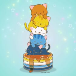 &gt;_&lt; :3 ^_^ animal animal_focus aqua_background aroace_flag artist_name blue_cat cat closed_eyes closed_mouth commentary english_commentary food irenekohstudio maple_syrup no_humans orange_cat original pancake pancake_stack shadow star_(symbol) star_symbol_background tongue tongue_out white_cat